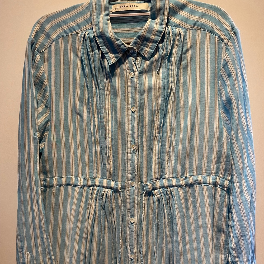 Zara Basic Long Button Down Blouse. Light Blue W/… - image 2